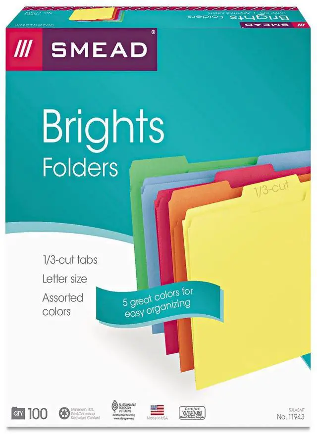 Alt view image 4 of 7 - File Folders Letter Sized, 1/3-Cut Tab, Assorted Positions, Letter Size, Assorted Primary Colors, 100 Per Box (11943)