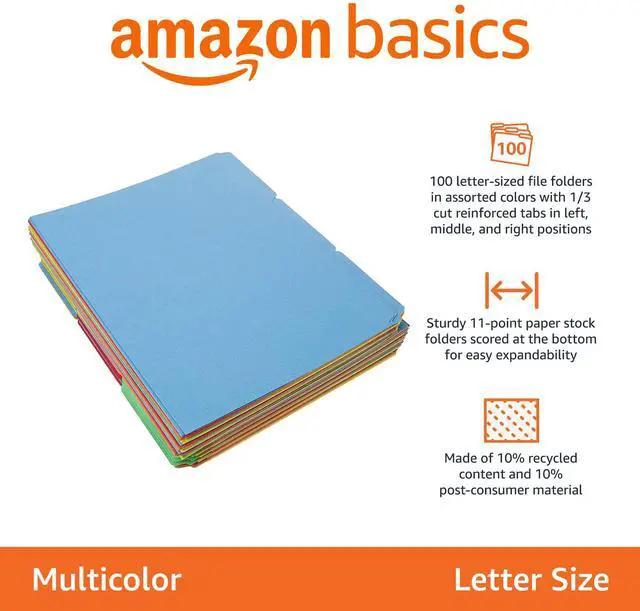 Alt view image 2 of 4 - Sturdy File Folders with Tabs for Filing and Organization, AMZ401, Letter Size, Assorted Colors, 100-Pack