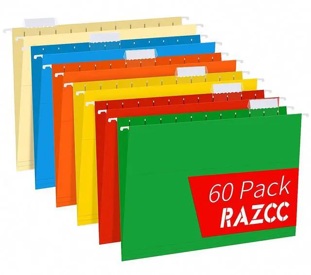 Main image of Hanging File Folders, RAZCC 60 Pack Reinforced Hanging Folders Letter Size, Designed for Bulky Files, Filing Cabinet, Adjustable Tabs, Assorted Colors