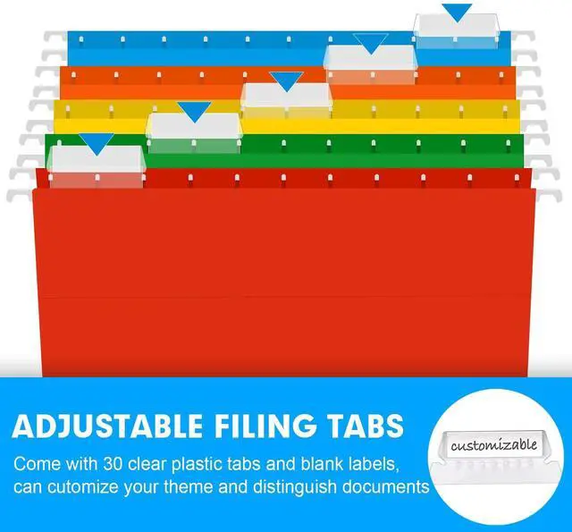 Alt view image 5 of 6 - Extra Capacity Hanging File Folders, RAZCC 30 Pack Letter Size Reinforced Hanging Folders with Heavy Duty 2 Inch Expansion for Bulky Files, Filing Cabinet, Adjustable Tabs, Assorted Colors