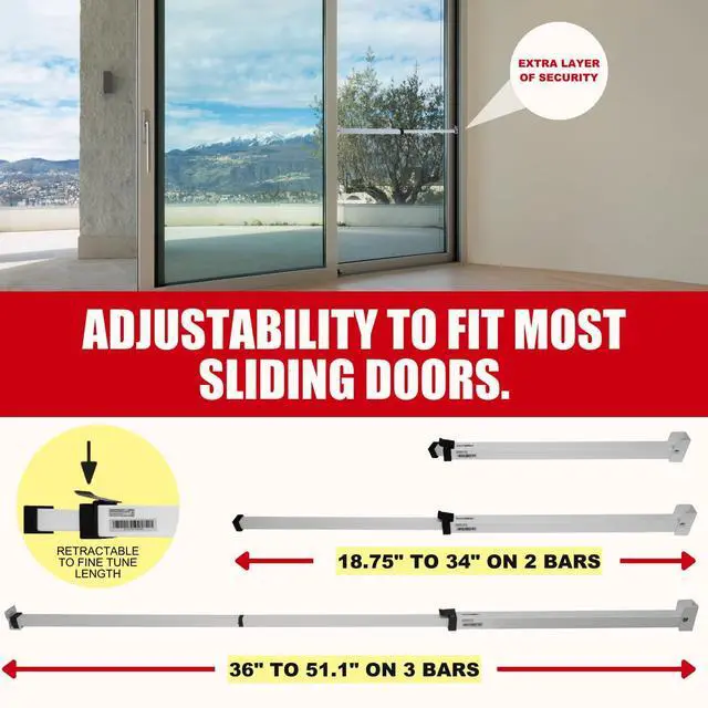 Alt view image 3 of 7 - Sliding Door Security Bar-Child Proof Sliding Door Lock Bar with Anti Lift Lock - Fits Most Doors & Windows - Adjustable Patio Door Security Bar (18.75"- 51.1") - White