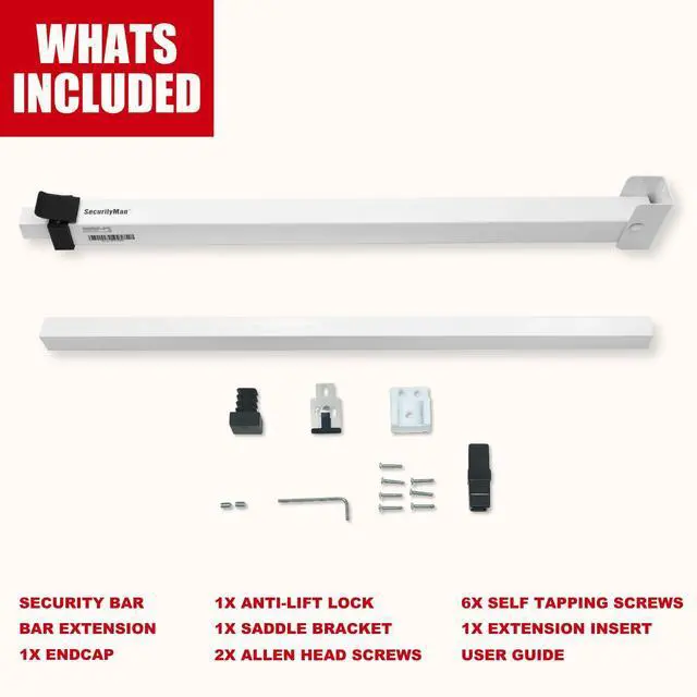 Alt view image 7 of 7 - Sliding Door Security Bar-Child Proof Sliding Door Lock Bar with Anti Lift Lock - Fits Most Doors & Windows - Adjustable Patio Door Security Bar (18.75"- 51.1") - White