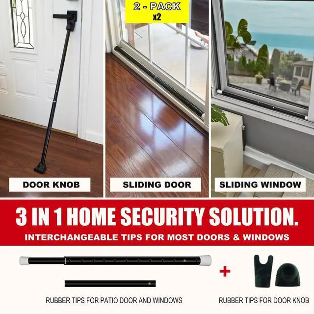 Alt view image 2 of 7 - 2-in-1 Door Security Bar & Sliding Patio Door Security Bar (2 Pack) via Interchangeable Caps - Constructed of High Grade Iron - Black