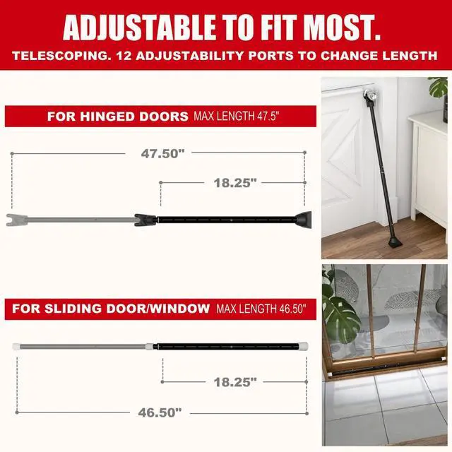 Alt view image 3 of 7 - 2-in-1 Door Security Bar & Sliding Patio Door Security Bar (2 Pack) via Interchangeable Caps - Constructed of High Grade Iron - Black