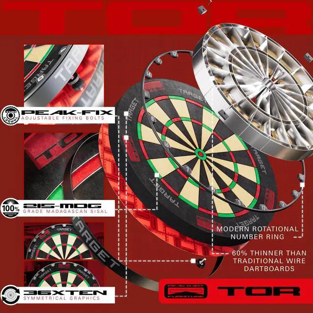 Alt view image 6 of 7 - TOR Dartboard, Steel Tip Dart Board | Competition Standard Steel Tip Dartboards with Fixing Kit, Modern Rotational Number Ring, Premium Madagascan Sisal, Stainless Steel Thin Wire System