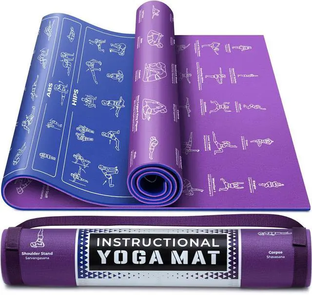 Main image of Instructional Cute Yoga Mat with Poses Printed On It & Carrying Strap - 75 Illustrated Yoga Poses & 75 Stretches - For Women and Men - Non-Slip, 1/4" Extra-Thick For Beginners