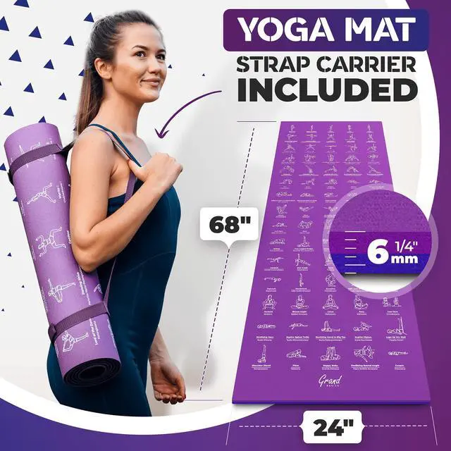 Alt view image 2 of 6 - Instructional Cute Yoga Mat with Poses Printed On It & Carrying Strap - 75 Illustrated Yoga Poses & 75 Stretches - For Women and Men - Non-Slip, 1/4" Extra-Thick For Beginners
