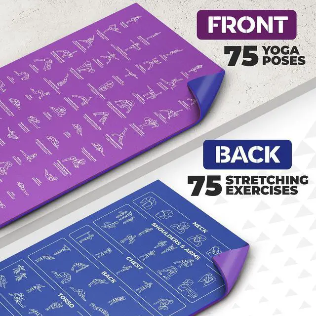 Alt view image 3 of 6 - Instructional Cute Yoga Mat with Poses Printed On It & Carrying Strap - 75 Illustrated Yoga Poses & 75 Stretches - For Women and Men - Non-Slip, 1/4" Extra-Thick For Beginners