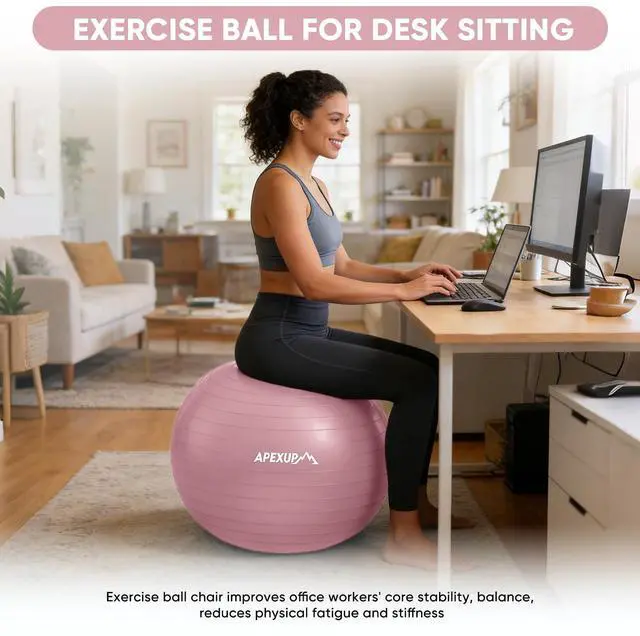Alt view image 5 of 7 - Yoga Ball Exercise Ball Anti Slip Heavy Duty for Fitness, Balance & Core Workout, Balance Training, Pregnancy & Physical Therapy, 5 Sizes (M (19"~22) 55cm, Pink)