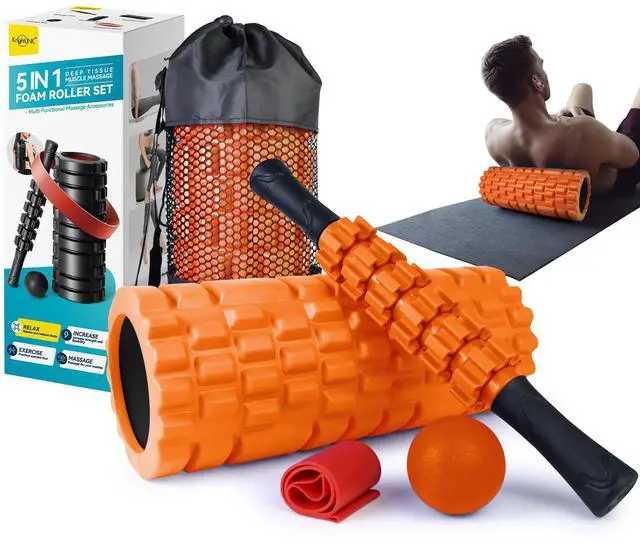 Main image of 5 in 1 Foam Roller Set for Deep Tissue Muscle Massage, Trigger Point Fitness Exercise Foam Roller, Massage Roller, Massage Ball, Stretching Strap, for Whole Body (Orange Black)