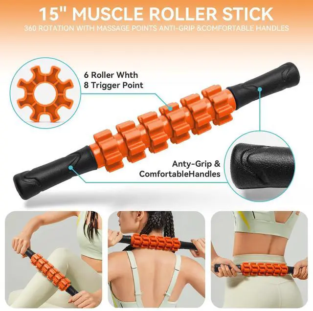 Alt view image 3 of 7 - 5 in 1 Foam Roller Set for Deep Tissue Muscle Massage, Trigger Point Fitness Exercise Foam Roller, Massage Roller, Massage Ball, Stretching Strap, for Whole Body (Orange Black)