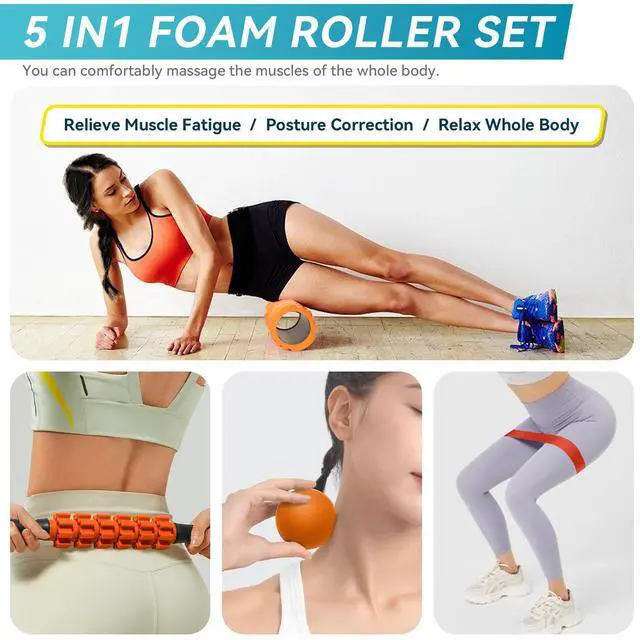 Alt view image 6 of 7 - 5 in 1 Foam Roller Set for Deep Tissue Muscle Massage, Trigger Point Fitness Exercise Foam Roller, Massage Roller, Massage Ball, Stretching Strap, for Whole Body (Orange Black)