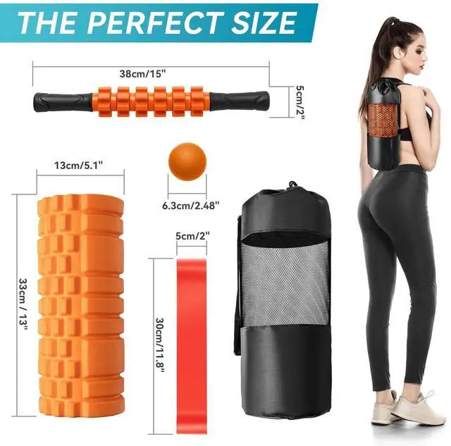 Alt view image 7 of 7 - 5 in 1 Foam Roller Set for Deep Tissue Muscle Massage, Trigger Point Fitness Exercise Foam Roller, Massage Roller, Massage Ball, Stretching Strap, for Whole Body (Orange Black)