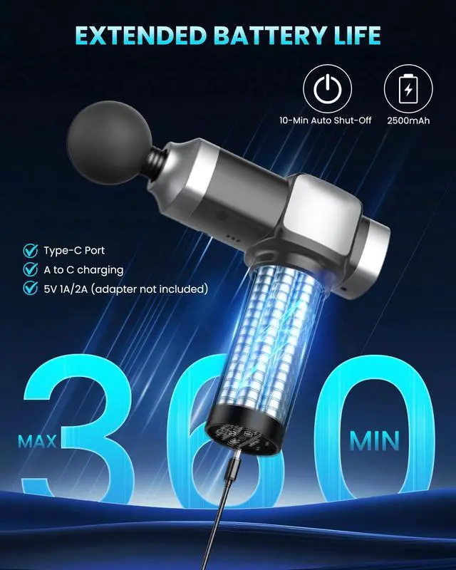 Alt view image 4 of 7 - Massage Gun Deep Tissue, Handheld Percussion Muscle Massager for Back, Neck & Shoulder Pain Relief, Portable Electric Back Massager with 30 Speed Levels & 6 Massage Heads, Gift for Men Women