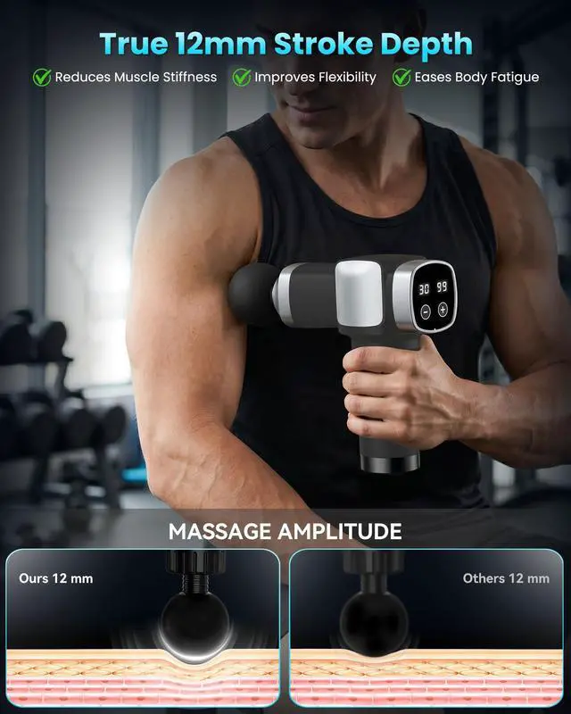 Alt view image 6 of 7 - Massage Gun Deep Tissue, Handheld Percussion Muscle Massager for Back, Neck & Shoulder Pain Relief, Portable Electric Back Massager with 30 Speed Levels & 6 Massage Heads, Gift for Men Women