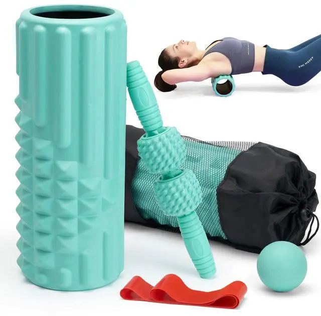 Main image of 5 in 1 Foam Roller Set, High Density Fitness Exercise Foam Roller for Deep Tissue Muscle Massage, Massage Roller, Massage Ball, Resistance Band, for Whole Body(Tiffany Green)