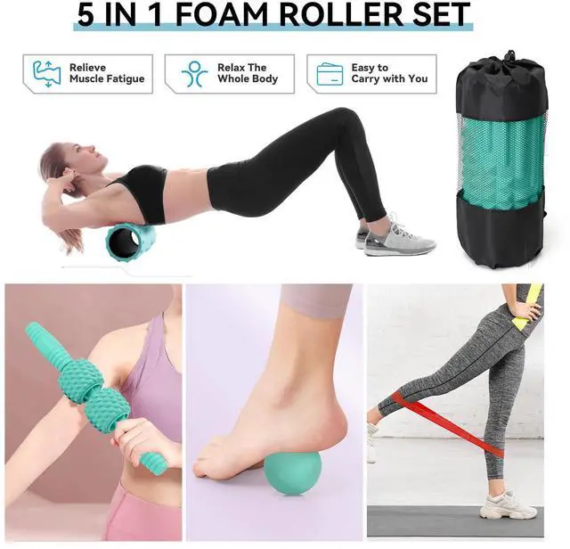 Alt view image 7 of 7 - 5 in 1 Foam Roller Set, High Density Fitness Exercise Foam Roller for Deep Tissue Muscle Massage, Massage Roller, Massage Ball, Resistance Band, for Whole Body(Tiffany Green)