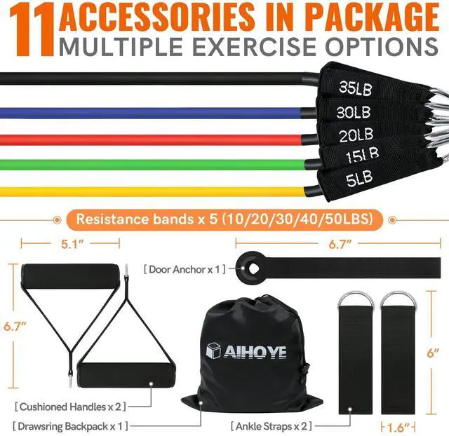 Alt view image 7 of 7 - Resistance Band Set: 105LB (5-35LB) Workout Bands with Handles & Accessories - Eco Friendly Latex - For Exercise, Yoga, Pilates & More