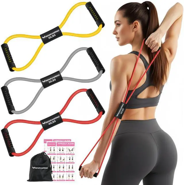 Main image of Bands, Figure 8 Fitness Exercise Bands with Handles - 8 Shaped Resistance Bands of 3 for Arm and Shoulder Stretch, Rope 8 Word Elastic for Women and Men