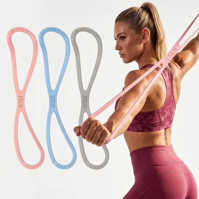 Alt view image 4 of 7 - Figure 8 Resistance Band Set of 3 (15/25/35lb) - High-Density Silicone Exercise Bands with Handles for Arms, Shoulder Opening & Back Stretching - Posture Corrector for Yoga, Pilates & Home Gym