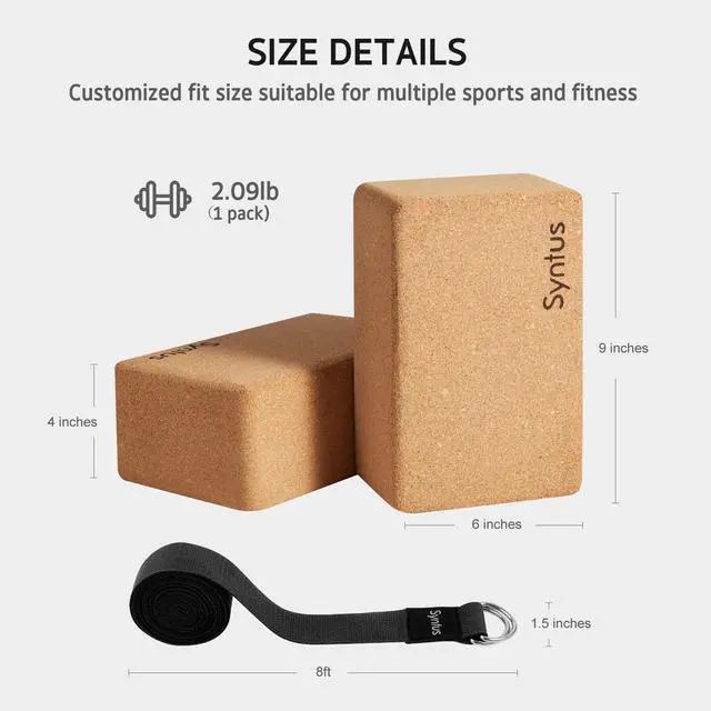 Alt view image 2 of 7 - Yoga Block and Strap Set, 2 Natural Cork Soft Non-Slip Blocks 9×6×4 inches, 8FT Metal D-Ring Strap for Yoga, General Fitness, Pilates, Stretching and Toning