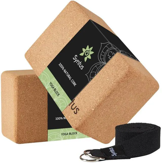 Main image of Yoga Block and Strap Set, 2 Natural Cork Soft Non-Slip Blocks 9×6×4 inches, 8FT Metal D-Ring Strap for Yoga, General Fitness, Pilates, Stretching and Toning