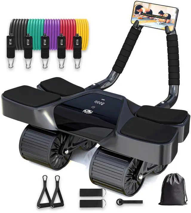 Main image of Home Gym Equipment 4 Wheels Ab Wheel Muscle Roller, 5Pcs Resistance Bands, Ankle Straps, Door Anchor, Handles, Travel Bag Comfortable Elbow Support with Non-Slip Handles