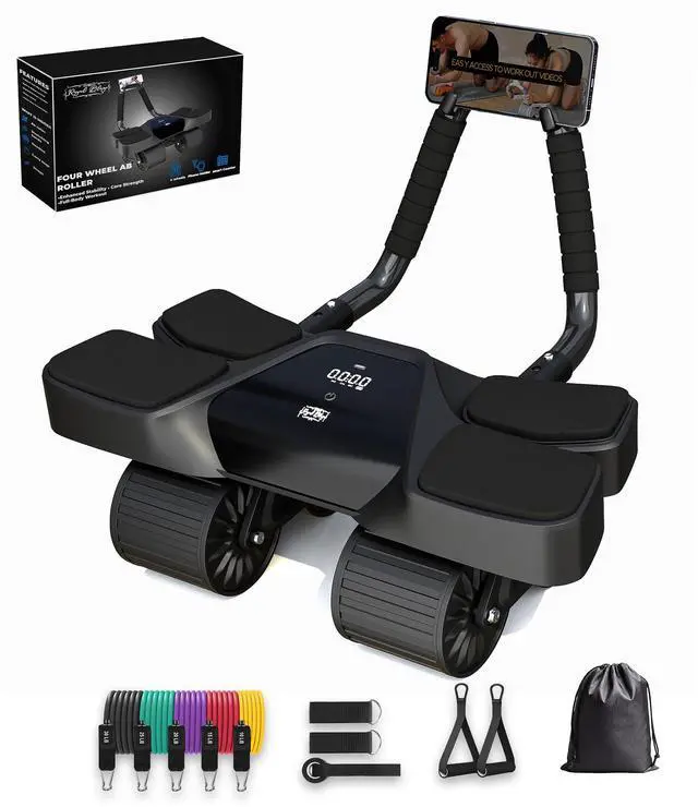 Alt view image 2 of 7 - Home Gym Equipment 4 Wheels Ab Wheel Muscle Roller, 5Pcs Resistance Bands, Ankle Straps, Door Anchor, Handles, Travel Bag Comfortable Elbow Support with Non-Slip Handles
