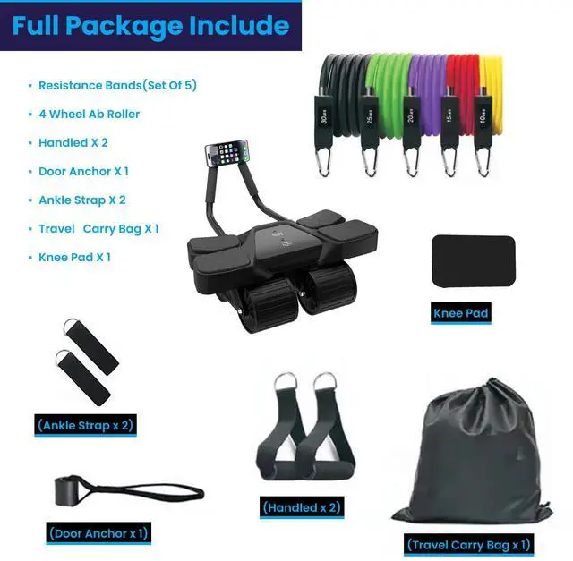 Alt view image 3 of 7 - Home Gym Equipment 4 Wheels Ab Wheel Muscle Roller, 5Pcs Resistance Bands, Ankle Straps, Door Anchor, Handles, Travel Bag Comfortable Elbow Support with Non-Slip Handles
