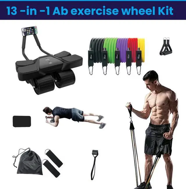 Alt view image 4 of 7 - Home Gym Equipment 4 Wheels Ab Wheel Muscle Roller, 5Pcs Resistance Bands, Ankle Straps, Door Anchor, Handles, Travel Bag Comfortable Elbow Support with Non-Slip Handles