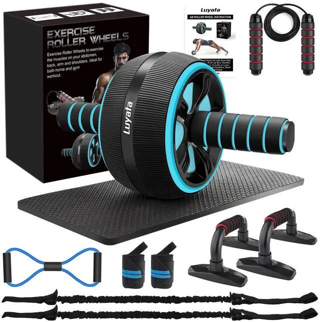 Main image of Ab Roller Wheel, 10-In-1 Ab Exercise Wheels Kit with Resistance Bands, Knee Mat, Jump Rope, Push-Up Bar - Home Gym Equipment for Men Women Core Strength & Abdominal Exercise (Blue)