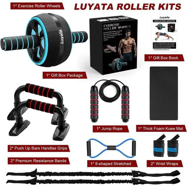 Alt view image 6 of 7 - Ab Roller Wheel, 10-In-1 Ab Exercise Wheels Kit with Resistance Bands, Knee Mat, Jump Rope, Push-Up Bar - Home Gym Equipment for Men Women Core Strength & Abdominal Exercise (Blue)