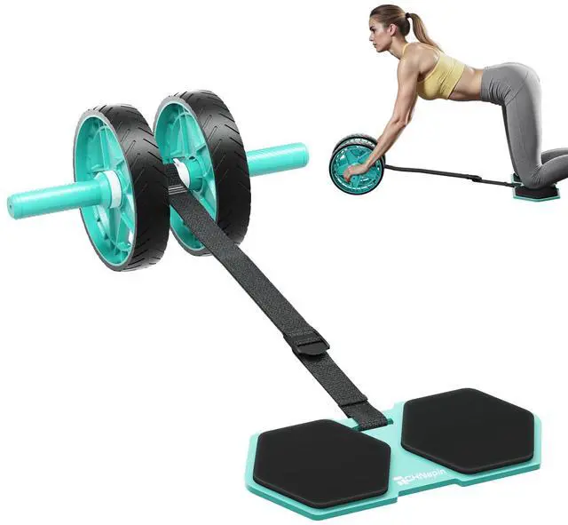 Main image of Double-Wheel Ab Roller for Core Training Rebound Design with Adjustable Elastic Band, Silent Non-Slip Wheels, Detachable Build, Knee Pad & Bands Home Gym Gear for Men/Women (Green)