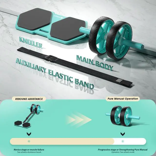 Alt view image 2 of 7 - Double-Wheel Ab Roller for Core Training Rebound Design with Adjustable Elastic Band, Silent Non-Slip Wheels, Detachable Build, Knee Pad & Bands Home Gym Gear for Men/Women (Green)