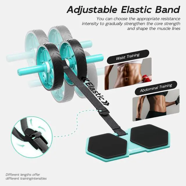Alt view image 4 of 7 - Double-Wheel Ab Roller for Core Training Rebound Design with Adjustable Elastic Band, Silent Non-Slip Wheels, Detachable Build, Knee Pad & Bands Home Gym Gear for Men/Women (Green)