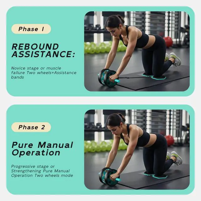 Alt view image 3 of 7 - Double-Wheel Ab Roller for Core Training Rebound Design with Adjustable Elastic Band, Silent Non-Slip Wheels, Detachable Build, Knee Pad & Bands Home Gym Gear for Men/Women (Green)