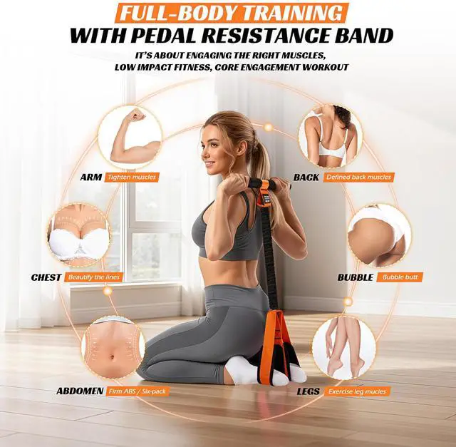 Alt view image 3 of 7 - Multifunction Pedal Resistance Band with Handle, Upgraded Exercise Equipment with Soft Foot Pedal for Sit Up & Full-Body Home Gym Workouts, Core/ABS Training, Pilates, Yoga & Physical Therapy