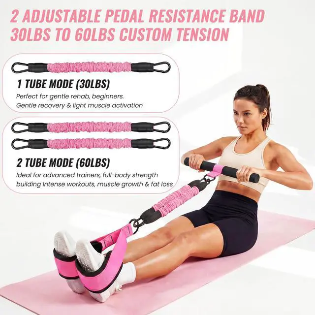 Alt view image 5 of 7 - Upgraded Pedal Resistance Band with Handle, 2 Tubes Adjustable 60LBs Multifunction Exercise Bands for Core/ABS, Waist, Arm, Leg Workout & Home Gym, Portable Sit Up Exercise Equipment for Women & Men