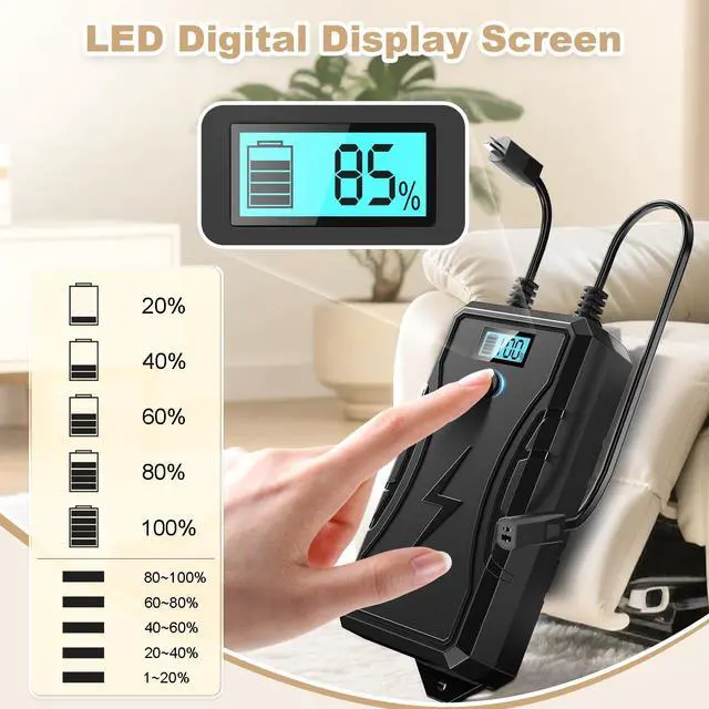 Alt view image 5 of 7 - Battery Pack for Reclining Furniture, 2500mAh Universal Recliner Battery Pack Rechargeable with LED Display for 2-Pin Electric Recliner, Sofa, Lift Chair, Couch, Motion Furniture