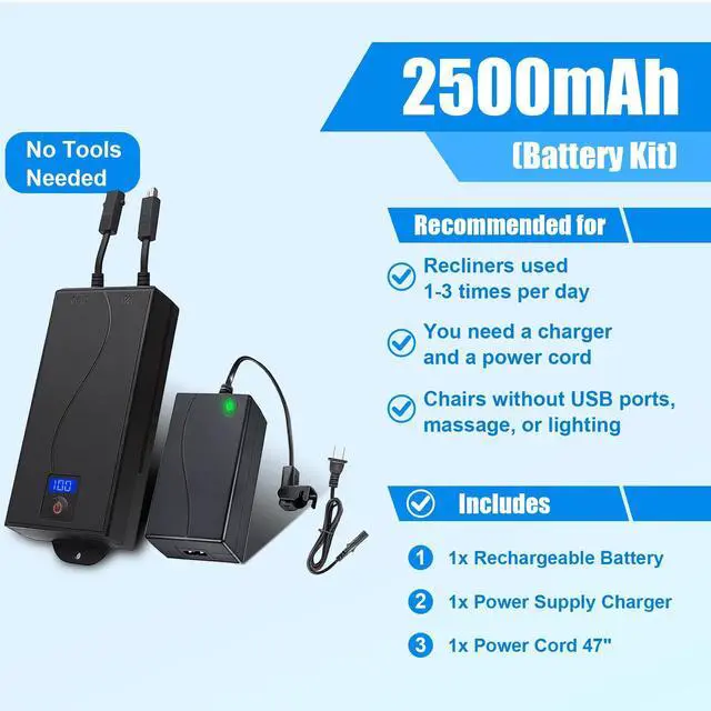 Alt view image 2 of 7 - Universal Battery Pack for Reclining Furniture with LED Display- Wireless 2500mAh Rechargeable Battery for Electric Recliner, Power Sofa, Couch, Lift Chair- Fits 2-Pin Motion Furniture (with Charger)