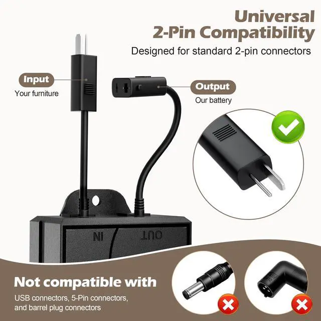 Alt view image 6 of 7 - Battery Pack for Reclining Furniture with Charger, 2500mAh Universal Wireless Recliner Battery Pack Rechargeable with LED Display for Power Sofa, Electric Couch, Lift Chair, 2-Pin Connection