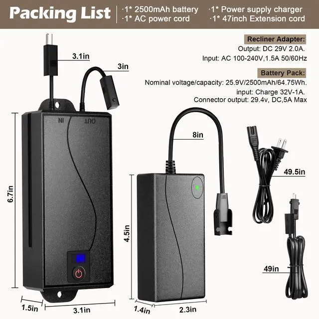 Alt view image 3 of 7 - Battery Pack for Reclining Furniture with Charger, 2500mAh Universal Wireless Recliner Battery Pack Rechargeable with LED Display for Power Sofa, Electric Couch, Lift Chair, 2-Pin Connection