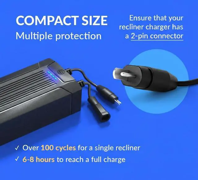 Alt view image 7 of 7 - Battery Pack for Reclining Furniture - Rechargeable Recliner Battery Pack - Universal 2-Pin Power Supply for Electric Recliners, Recliner Chair, Couch, Sofa (2200 mAh)