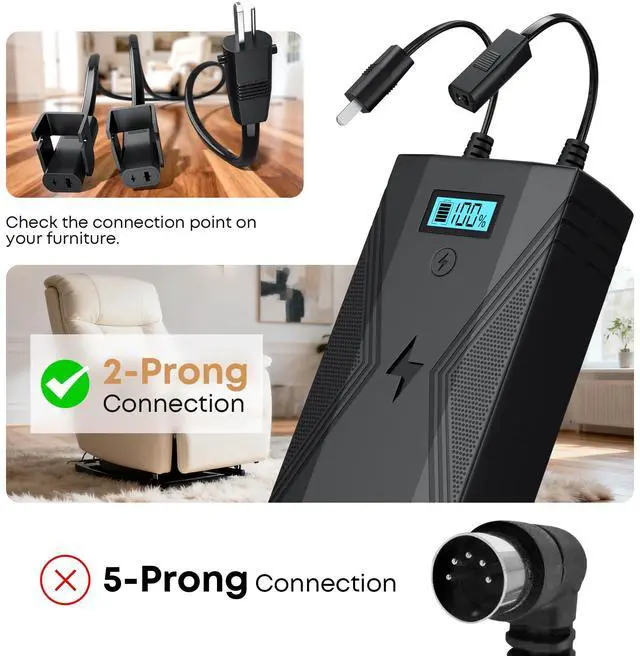 Alt view image 2 of 7 - Recliner Battery Pack,2500mAh 2-Pin Interface Battery Pack for Reclining Furniture with Charger for Electric Recliner,Sofa,Couch,Lift Chair