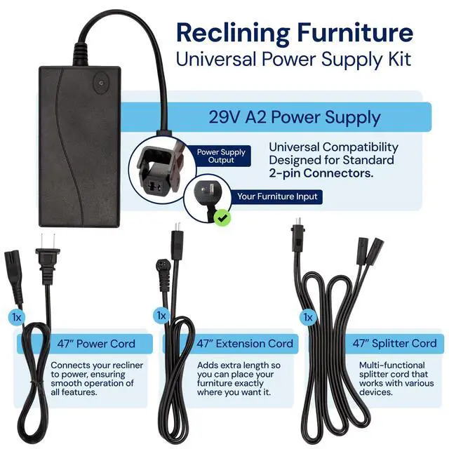 Alt view image 2 of 7 - Reclining Furniture Power Supply Kit - 2-Pin Furniture Connector, Power Supply, 47" Extension, Splitter & Power Cord - Replacement Kit for Recliner Chair Outlet