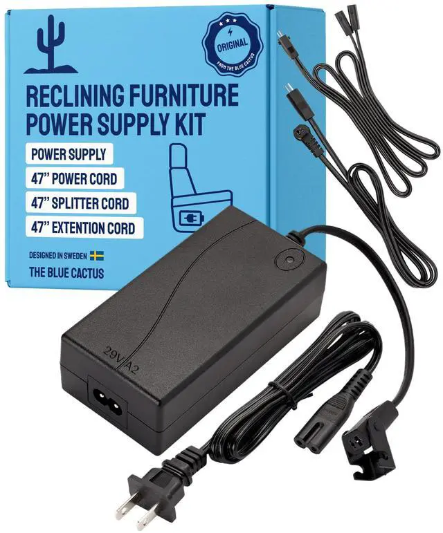 Main image of Reclining Furniture Power Supply Kit - 2-Pin Furniture Connector, Power Supply, 47" Extension, Splitter & Power Cord - Replacement Kit for Recliner Chair Outlet