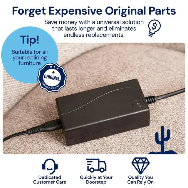 Alt view image 3 of 7 - Reclining Furniture Power Supply Kit - 2-Pin Furniture Connector, Power Supply, 47" Extension, Splitter & Power Cord - Replacement Kit for Recliner Chair Outlet