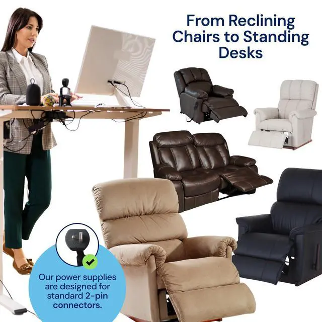 Alt view image 5 of 7 - Reclining Furniture Power Supply Kit - 2-Pin Furniture Connector, Power Supply, 47" Extension, Splitter & Power Cord - Replacement Kit for Recliner Chair Outlet