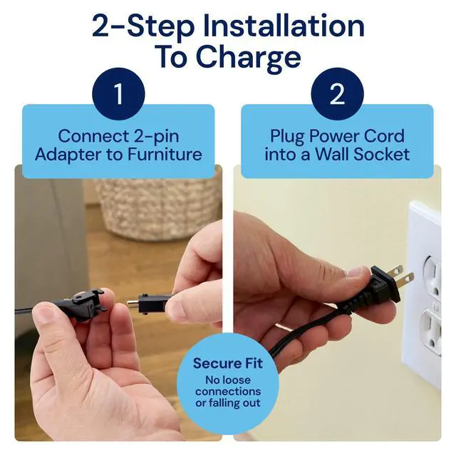 Alt view image 7 of 7 - Reclining Furniture Power Supply Kit - 2-Pin Furniture Connector, Power Supply, 47" Extension, Splitter & Power Cord - Replacement Kit for Recliner Chair Outlet