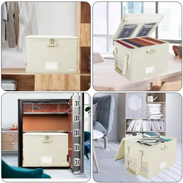 Alt view image 2 of 7 - File Box with Lock, Fireproof Document Box with Zipper Lid, Collapsible File Storage Organizer Filing Cabinet with Handles, Portable Home Office Safe for Hanging Letter/Legal Folders, Beige